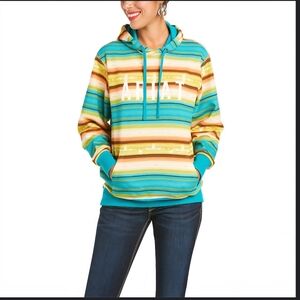 Ariat Real Baja Aztec Southwestern Pullover Fleece Hoodie Sz M teal cream